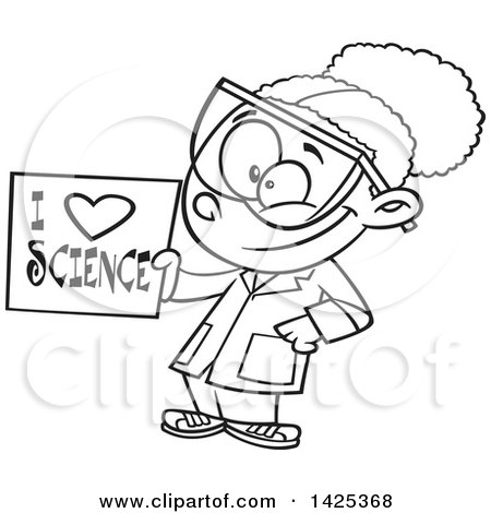 Clipart of a Cartoon Black and White Lineart African American Girl Holding an I Love Science Sign - Royalty Free Vector Illustration by toonaday