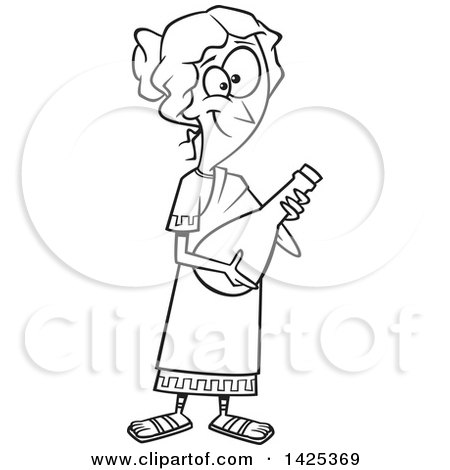 Clipart of a Cartoon Black and White Lineart Happy Roman Lady Holding a Jar - Royalty Free Vector Illustration by toonaday