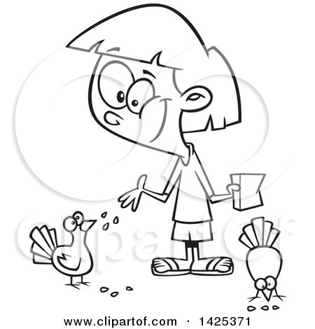 Clipart of a Cartoon Black and White Lineart Girl Feeding Pigeon Birds - Royalty Free Vector Illustration by toonaday
