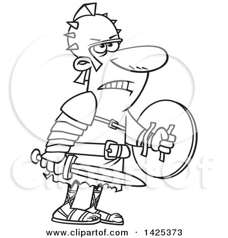 Clipart of a Cartoon Black and White Lineart Tough Gladiator Holding a Sword and Shield - Royalty Free Vector Illustration by toonaday
