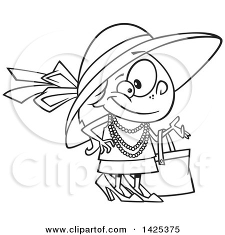 Clipart of a Cartoon Black and White Lineart Girl Dressed up in Heels and a Hat - Royalty Free Vector Illustration by toonaday