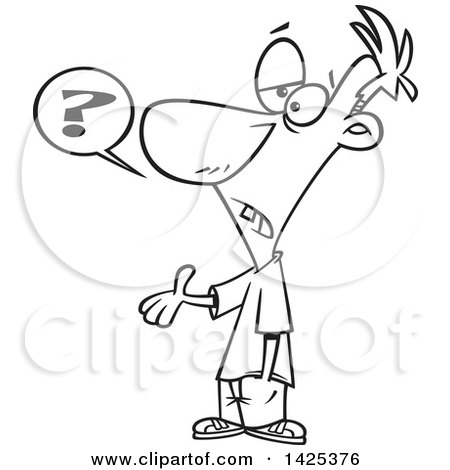 Clipart of a Cartoon Black and White Lineart Guy Asking a Dumb Question - Royalty Free Vector Illustration by toonaday