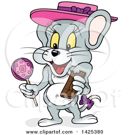 Clipart of a Cartoon Girly Mouse Waring a Hat and Bow, Eating a Lolipop and Chocolate Bar - Royalty Free Vector Illustration by dero