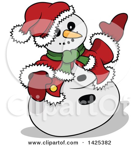 Clipart of a Cartoon Festive Christmas Snowman Presenting - Royalty Free Vector Illustration by dero
