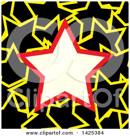 Clipart of a Red and Beige Star Frame over a Pattern of Black and Yellow Stars - Royalty Free Vector Illustration by elaineitalia