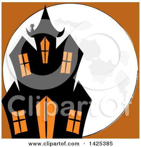 Clipart of a Black Cat on the Roof of a Haunted House over a Full Moon on Orange - Royalty Free Vector Illustration by elaineitalia