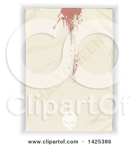 Clipart of a Crumpled Piece of Paper with Blood Splatters, Halloween Text and a Skull over Shaded White - Royalty Free Vector Illustration by elaineitalia