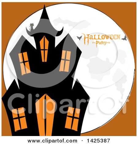Clipart of a Black Cat on the Roof of a Haunted House over a Full Moon with Bats and Halloween Party Text on Orange - Royalty Free Vector Illustration by elaineitalia