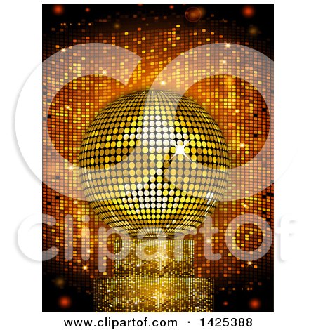 Clipart of a 3d Golden Disco Ball on a Sparkly Stand over Tiles - Royalty Free Vector Illustration by elaineitalia