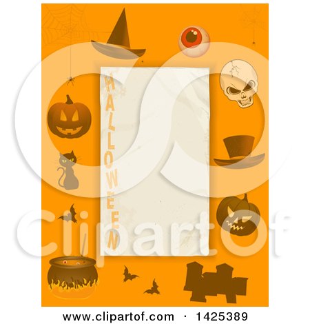 Clipart of an Orange Border with a Witch Hat, Eyeball, Skull, Top Hat, Jackolantern Pumpkins, Tombstones, Bats, a Cat and Witch Cauldron Around Text Space with HALLOWEEN - Royalty Free Vector Illustration by elaineitalia