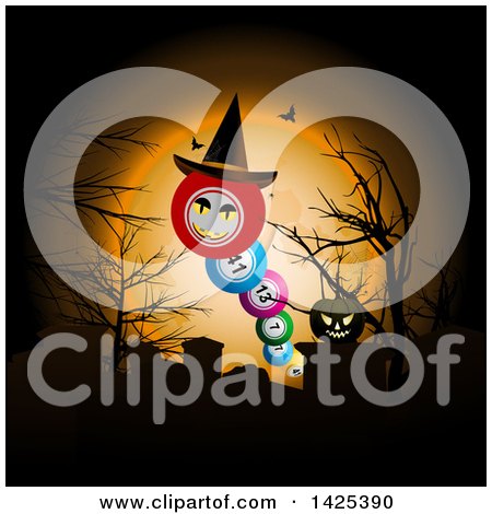 Clipart of a Witch Hat and Bingo Balls in a Cemetery Against an Orange Halloween Full Moon - Royalty Free Vector Illustration by elaineitalia