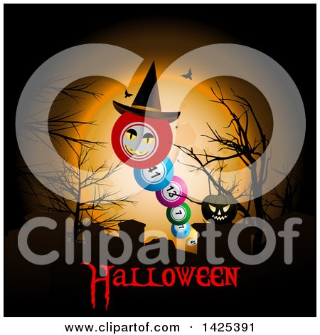 Clipart of a Witch Hat and Bingo Balls in a Cemetery Against an Orange Full Moon Above Halloween Text - Royalty Free Vector Illustration by elaineitalia