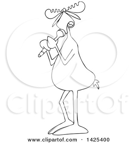 Clipart of a Cartoon Black and White Lineart Moose Vocalist Singing into a Microphone - Royalty Free Vector Illustration by djart