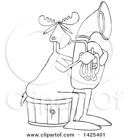Clipart of a Cartoon Black and White Lineart Moose Playing a Tuba - Royalty Free Vector Illustration by djart
