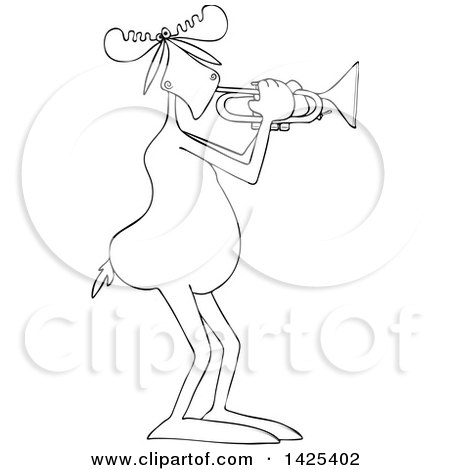 Clipart of a Cartoon Black and White Lineart Moose Playing a Trumpet - Royalty Free Vector Illustration by djart