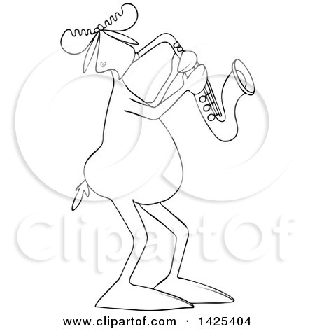 Clipart of a Cartoon Black and White Lineart Moose Playing a Saxophone - Royalty Free Vector Illustration by djart