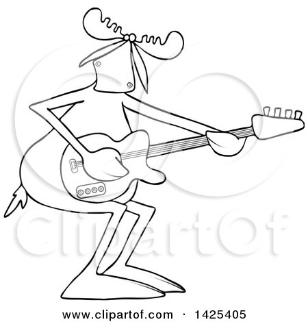 Clipart of a Cartoon Black and White Lineart Moose Playing an Electric Guitar - Royalty Free Vector Illustration by djart