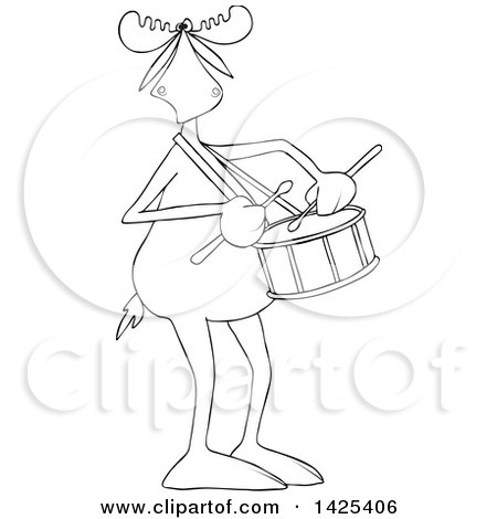 Clipart of a Cartoon Black and White Lineart Moose Playing a Drum - Royalty Free Vector Illustration by djart