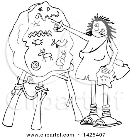 Clipart of a Cartoon Black and White Lineart Cave Woman Teacher Pointing to a Boulder with Drawings - Royalty Free Vector Illustration by djart