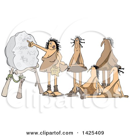Clipart of a Cartoon Cave Woman Teacher and Men Learning - Royalty Free Vector Illustration by djart