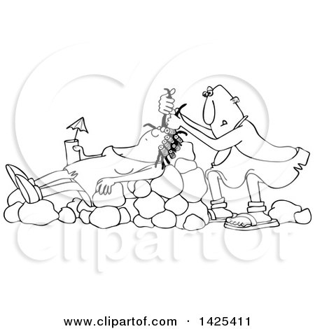 Clipart of a Cartoon Black and White Lineart Cave Woman Holding a Drink, Laying on Boulders Nad Getting Her Hair Done - Royalty Free Vector Illustration by djart