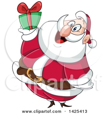 Clipart of a Cartoon Santa Holding up a Christmas Gift - Royalty Free Vector Illustration by yayayoyo