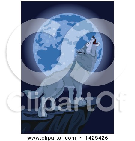 Clipart of a Lone Wolf on a Cliff, Howling up at a Blue Moon - Royalty Free Vector Illustration by Pushkin
