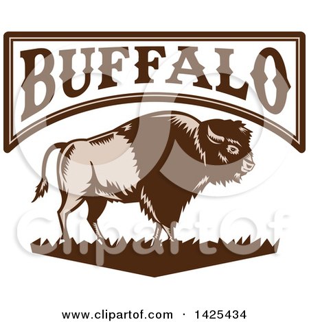 Clipart of a Retro Woodcut Brown and Tan American Bison on Grass Under Buffalo Text - Royalty Free Vector Illustration by patrimonio