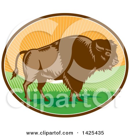 Clipart of a Retro Woodcut American Buffalo Bison in an Oval with Hills and Sun Rays - Royalty Free Vector Illustration by patrimonio