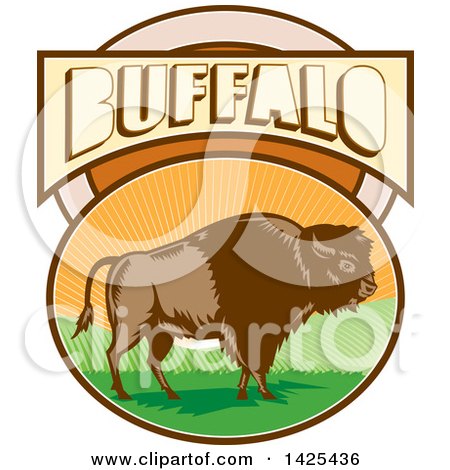 Clipart of a Retro Woodcut American Bison in an Oval with Hills and Sun Rays Under Buffalo Text - Royalty Free Vector Illustration by patrimonio