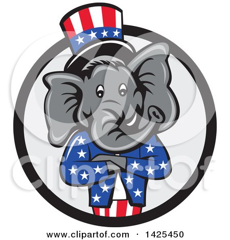 Clipart of a Cartoon Republican Elephant Wearing a Top Hat, with Folded Arms in a Black and Gray Circle - Royalty Free Vector Illustration by patrimonio