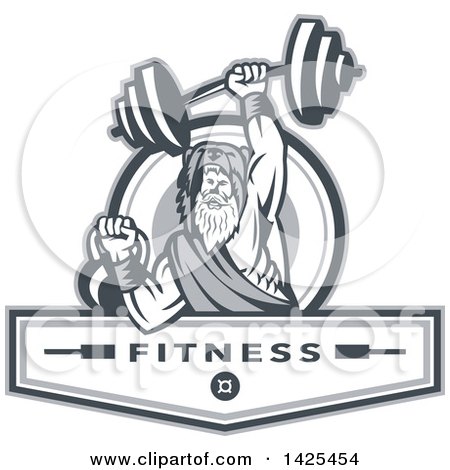 Clipart of a Retro Male Champion Norse Warrior, Berserker, Wearing a Pelt of Bear Skin, Lifting a Barbell and Kettlebell, Emerging from a Circle over Fitness Next - Royalty Free Vector Illustration by patrimonio