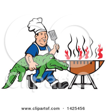 Clipart of a Retro Cartoon Male Chef Carrying an Alligator and Spatula to a Football Grill - Royalty Free Vector Illustration by patrimonio