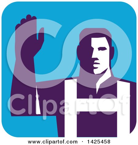 Clipart of a Retro Male Worker Raising His Arm in a Blue Square - Royalty Free Vector Illustration by patrimonio