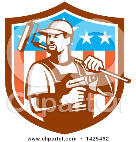 Clipart of a Retro Handyman Holding a Paint Roller over His Shoulder and a Cordless Drill in Hand, Emerging from an American Themed Shield - Royalty Free Vector Illustration by patrimonio