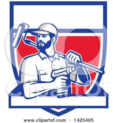 Clipart of a Retro Handyman Holding a Paint Roller over His Shoulder and a Cordless Drill in Hand, Emerging from a Shield with a Blank Banner - Royalty Free Vector Illustration by patrimonio