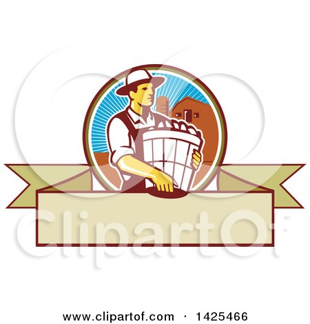 Clipart of a Retro Male Organic Farmer Carrying a Bushel of Harvest Produce, in a Circle Against a Barn and Silo, over a Blank Ribbon Banner - Royalty Free Vector Illustration by patrimonio