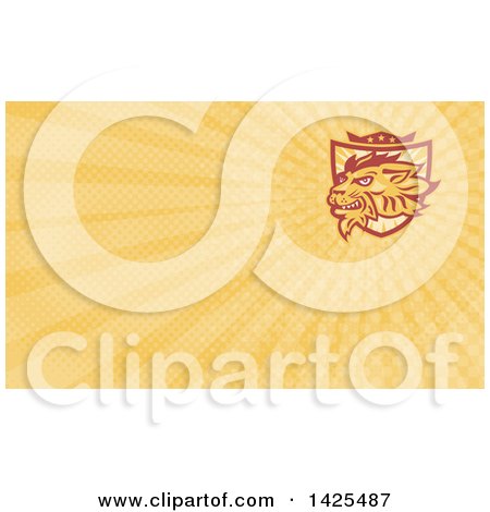 Clipart of a Retro Lion Head over a Shield and Crown and Orange Rays Background or Business Card Design - Royalty Free Illustration by patrimonio