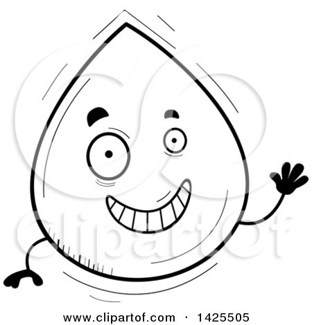 Clipart of a Cartoon Black and White Lineart Doodled Waving Water Drop Character - Royalty Free Vector Illustration by Cory Thoman