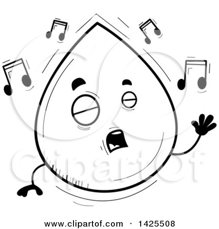 Clipart of a Cartoon Black and White Lineart Doodled Singing Water Drop Character - Royalty Free Vector Illustration by Cory Thoman