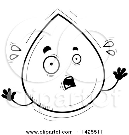 Clipart of a Cartoon Black and White Lineart Doodled Scared Water Drop Character - Royalty Free Vector Illustration by Cory Thoman