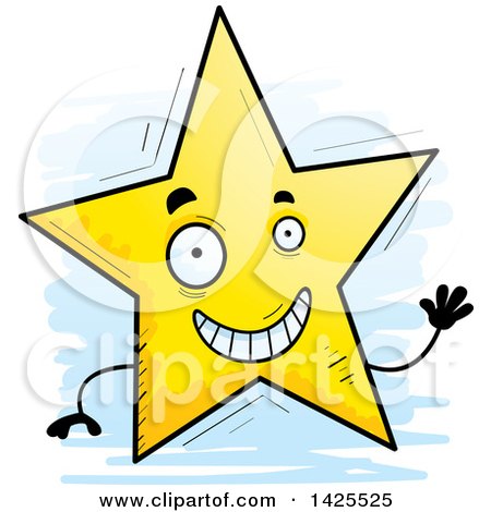 Clipart of a Cartoon Doodled Waving Star Character - Royalty Free Vector Illustration by Cory Thoman