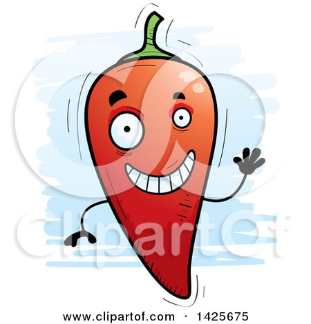 Clipart of a Cartoon Doodled Waving Hot Chile Pepper Character - Royalty Free Vector Illustration by Cory Thoman