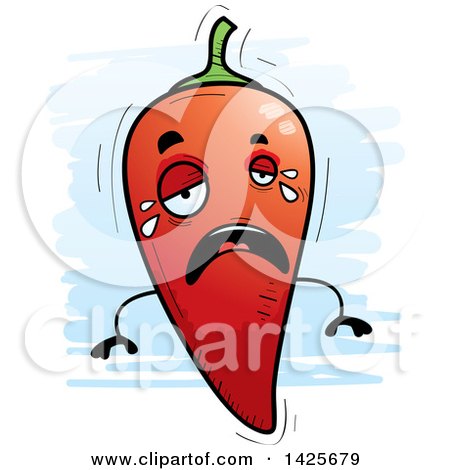 Clipart of a Cartoon Doodled Crying Hot Chile Pepper Character - Royalty Free Vector Illustration by Cory Thoman