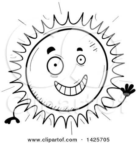 Clipart of a Cartoon Black and White Doodled Waving Sun Character - Royalty Free Vector Illustration by Cory Thoman