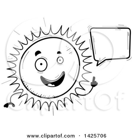 Clipart of a Cartoon Black and White Doodled Talking Sun Character - Royalty Free Vector Illustration by Cory Thoman