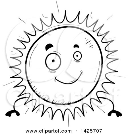 Clipart of a Cartoon Black and White Doodled Sun Character - Royalty Free Vector Illustration by Cory Thoman