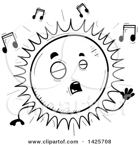Clipart of a Cartoon Black and White Doodled Singing Sun Character - Royalty Free Vector Illustration by Cory Thoman