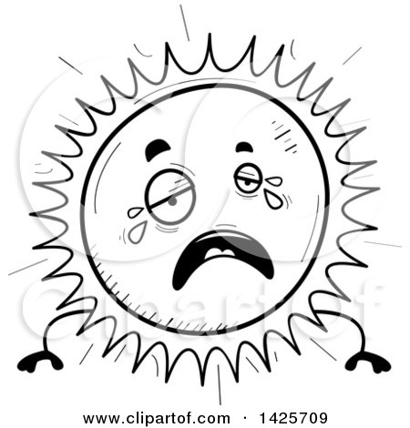 Clipart of a Cartoon Black and White Doodled Crying Sun Character - Royalty Free Vector Illustration by Cory Thoman