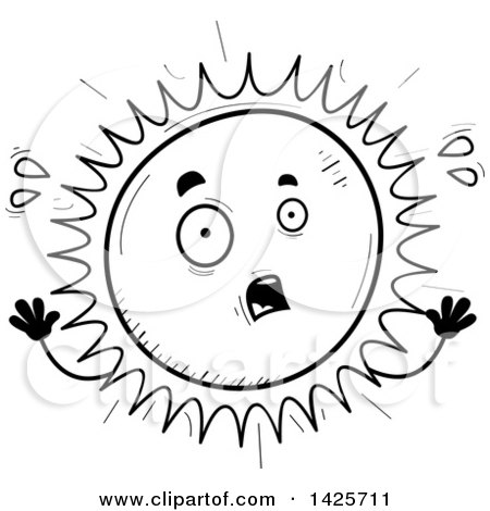 Clipart of a Cartoon Black and White Doodled Scared Sun Character - Royalty Free Vector Illustration by Cory Thoman